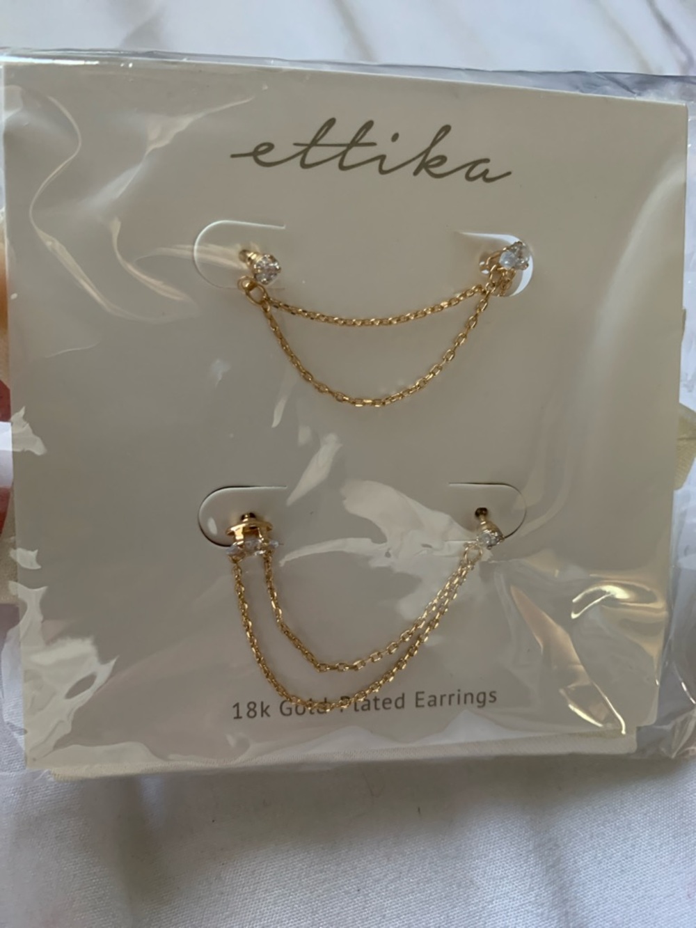 ettika Gold Double Chain Earrings with Clear Stones